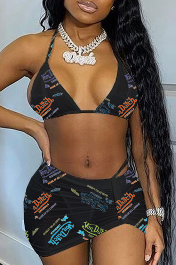 Black Sexy Letter Patchwork Fold Strap Design 3 Piece Sets
