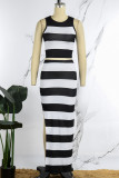 Black White Casual Striped Print Slit O Neck Sleeveless Two Pieces