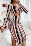 Multicolor Casual Striped Hollowed Out Patchwork Slit V Neck One Step Skirt Dresses