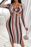 Multicolor Casual Striped Hollowed Out Patchwork Slit V Neck One Step Skirt Dresses