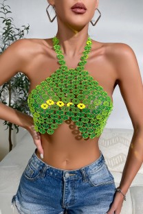 Fluorescent Green Sexy Solid Hollowed Out Patchwork Chains Backless Halter Tops