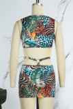 Brown Sexy Print Patchwork Wrapped Skirt Dresses