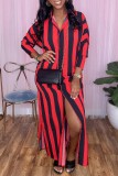 Red Casual Striped Print Patchwork Turndown Collar Shirt Dress Dresses