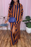Red Casual Striped Print Patchwork Turndown Collar Shirt Dress Dresses