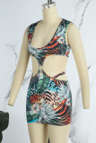Brown Sexy Print Patchwork Wrapped Skirt Dresses