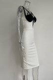 White Elegant Color Lump Hollowed Out Backless Zipper Spaghetti Strap Wrapped Skirt Dresses