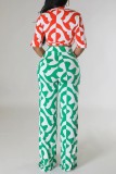 Red Green Casual Print Frenulum Turndown Collar Half Sleeve Two Pieces