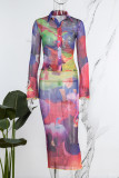 Colour Casual Print Patchwork Turndown Collar Long Sleeve Two Pieces