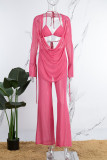 Pink Sexy Solid See-through V Neck Long Sleeve Three Piece Set