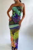 Green Sexy Print Frenulum Backless Strapless Sleeveless Two Pieces