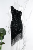 Black Elegant Solid Tassel Sequins Patchwork Zipper Oblique Collar Irregular Dress Dresses