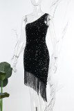 Black Elegant Solid Tassel Sequins Patchwork Zipper Oblique Collar Irregular Dress Dresses