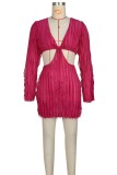 Rose Red Sexy Casual Solid Hollowed Out V Neck Long Sleeve Dresses (Without Belt)