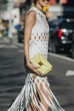 White Sexy Solid Tassel Hollowed Out O Neck Sleeveless Dress Dresses