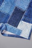 Blue Casual Print Basic Turtleneck Skinny Romper