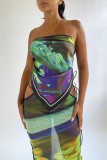 Green Sexy Print Frenulum Backless Strapless Sleeveless Two Pieces
