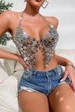Silver Sexy Patchwork Hollowed Out Chains Backless Halter Tops