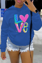 Royal Blue Casual Vintage Print Draw String Letter Hooded Collar Tops
