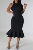 Black Sexy Formal Solid Backless Halter Evening Dress Dresses