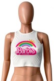 White Casual Print Basic O Neck Tops