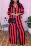 Red Casual Striped Print Patchwork Turndown Collar Shirt Dress Dresses