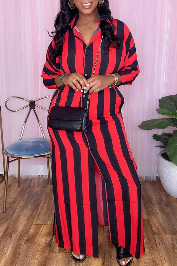 Red Casual Striped Print Patchwork Turndown Collar Shirt Dress Dresses