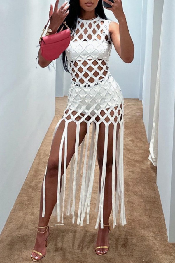 White Sexy Solid Tassel Hollowed Out O Neck Sleeveless Dress Dresses