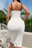 White Elegant Color Lump Hollowed Out Backless Zipper Spaghetti Strap Wrapped Skirt Dresses