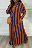 Red Casual Striped Print Patchwork Turndown Collar Shirt Dress Dresses