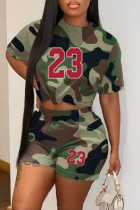 Army Green Casual Print Basic O Neck Short Sleeve Two Pieces
