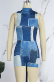 Blue Casual Print Basic Turtleneck Skinny Romper