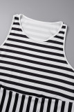 Black White Casual Striped Print Patchwork O Neck Plus Size Sleeveless Dress