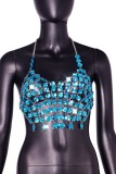 Blue Sexy Patchwork Hollowed Out Chains Backless Halter Tops