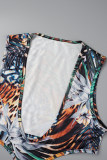 Brown Sexy Print Patchwork Wrapped Skirt Dresses