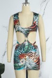 Brown Sexy Print Patchwork Wrapped Skirt Dresses