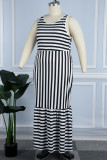 Black White Casual Striped Print Patchwork O Neck Plus Size Sleeveless Dress