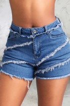 Blue Casual Solid Patchwork Mid Waist Skinny Denim Shorts