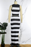 Black White Casual Striped Print Slit O Neck Sleeveless Two Pieces