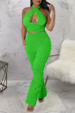 Green Sexy Solid Hollowed Out Patchwork Backless Halter Sleeveless Two Pieces