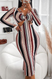 Multicolor Casual Striped Hollowed Out Patchwork Slit V Neck One Step Skirt Dresses
