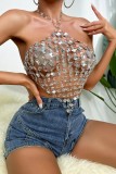 White Sexy Patchwork Hollowed Out Chains Backless Halter Tops