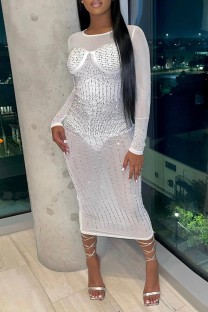 White Sexy Casual Patchwork Hot Drilling See-through O Neck Long Sleeve Dresses