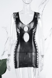 Black Sexy Solid Hollowed Out Backless U Neck One Step Skirt Dresses(Without Bikinis Set )