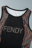 Sky Blue Street Print Patchwork Letter O Neck Sleeveless Two Pieces