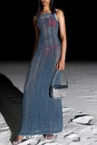 Blue Sexy Patchwork Hollowed Out Backless Spaghetti Strap Long Dress Dresses