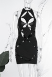 Black Sexy Solid Hollowed Out Backless Halter One Step Skirt Dresses