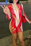 Red Sexy Casual Print Hollowed Out Turtleneck Skinny Romper