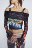 Black Casual Print Patchwork Off the Shoulder Tops