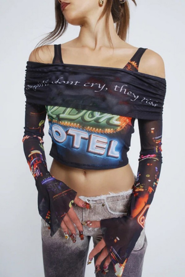 Black Casual Print Patchwork Off the Shoulder Tops