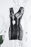 Black Sexy Solid Hollowed Out Backless U Neck One Step Skirt Dresses(Without Bikinis Set )